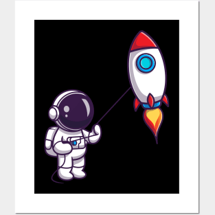 Cute Astronaut Playing Rocket Kite Cartoon Posters and Art